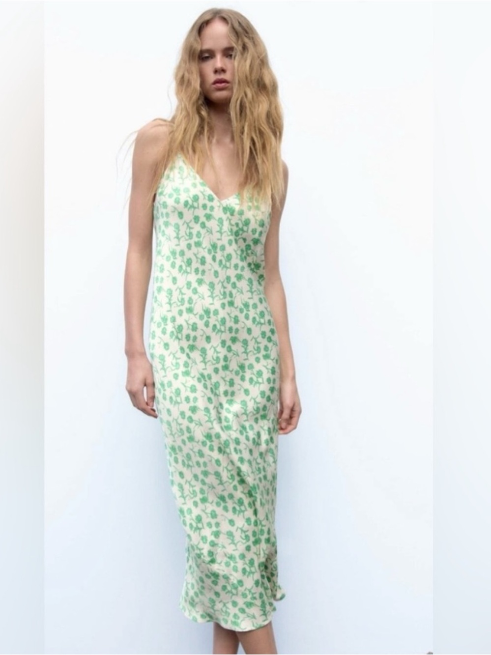 Zara Lara Dress Green White Floral Pattern V Neck Midi Satin Slip Size Small
